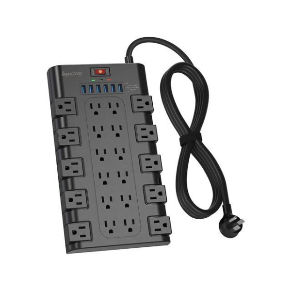 Power Strip, SUPERDANNY Surge Protector with 22 AC Outlets and 6 USB Charging Ports, 1875W/15A, 2100 Joules, 6.5Ft Flat Plug Heavy Duty Extension Cord for Home, Office, Dorm, Gaming Room, Black