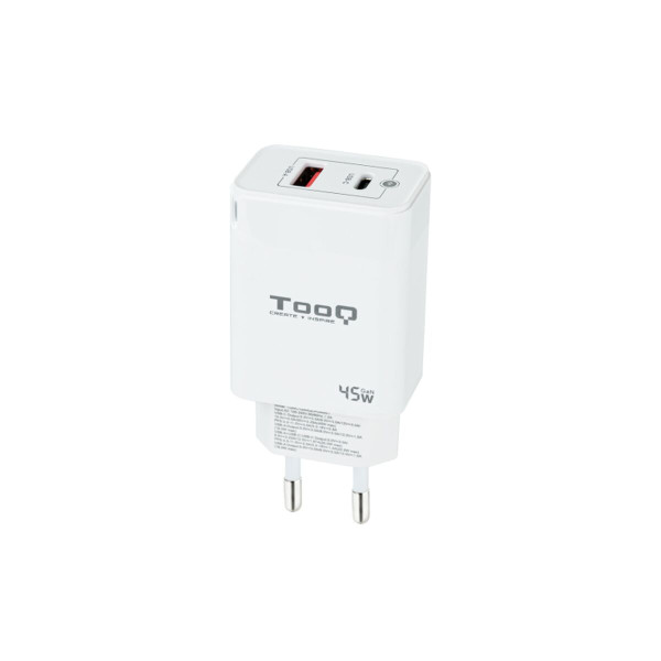 Wall Charger TooQ Cargador de Pared GaN USB-C/PD + USB-A/QC 45W, Blanco